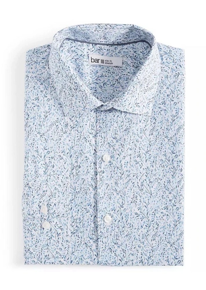 Bar III Men's Slim-Fit Floral Dress Shirt, White Blue, Small 14-14.5