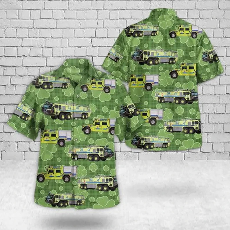 St Patricks Day Fire Truck Hawaiian Shirt Aloha Tropical Firefighter Gift