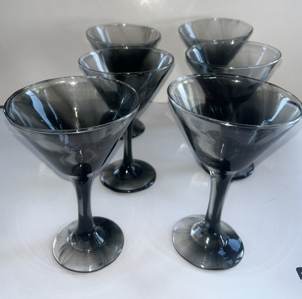 Hand Blown Martini Glass Cocktail Black Smoke Gray (lavender)Swirls Set of 6