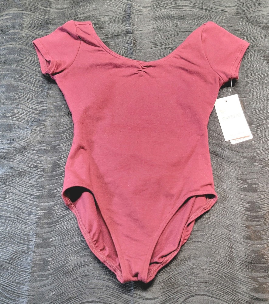 Capezio Short Sleeve Leotard Burgundy Scoop Front & Back Cross-over Back SZ. LC