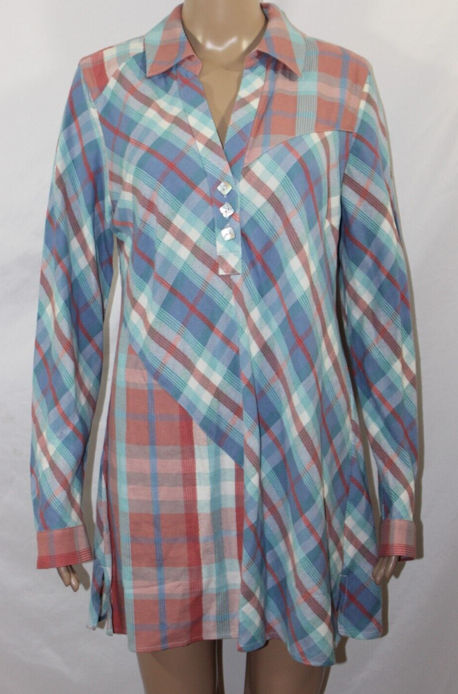 Soft Surroundings Blue Peach LS Plaid Tunic Top M Cotton Blend