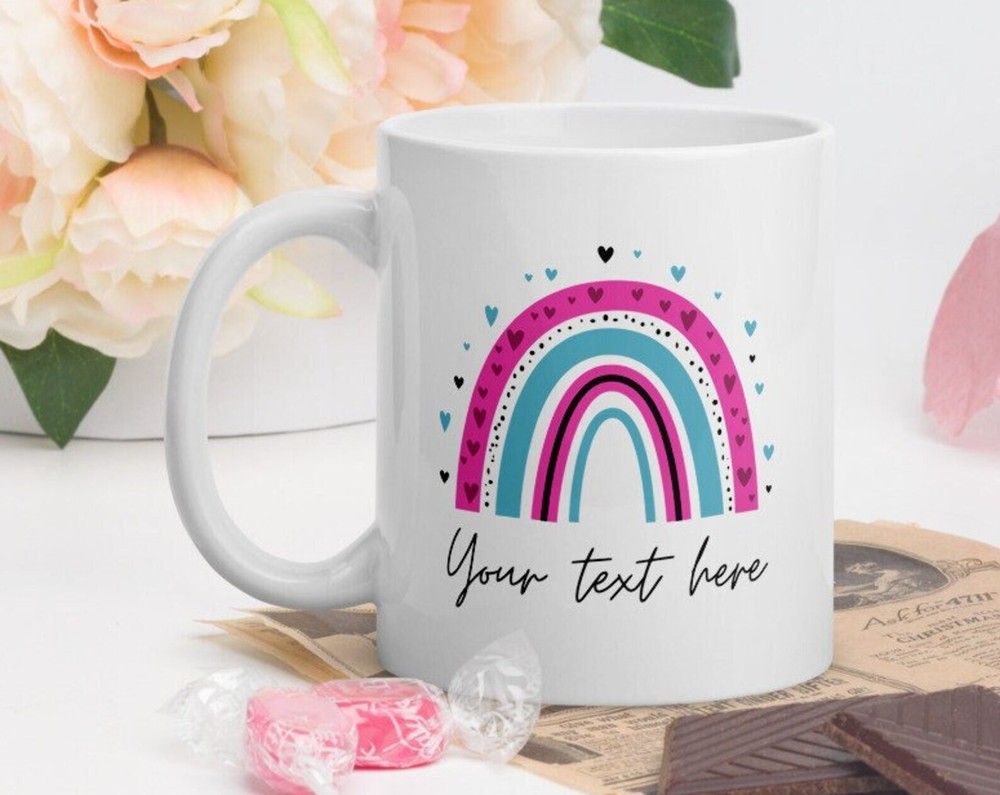 Custom Text Rainbow Design Coffee Mug Custom Message Mug Personalized Mug