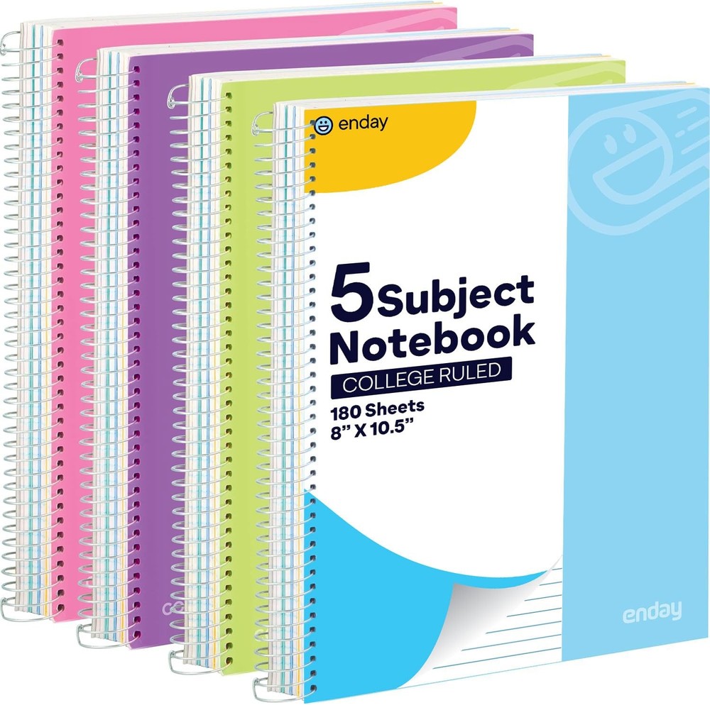 5-Subject College Ruled Spiral Notebook with 180 White Sheets Ideal for Writing Notes