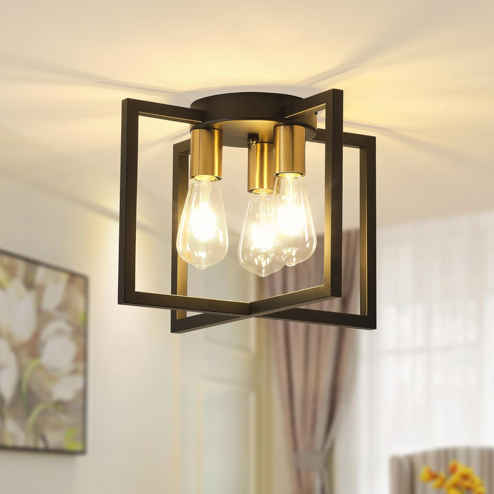 3-Light Ceiling Light Fixture, Black and Gold Semi-Flush Mount Chandelier with G