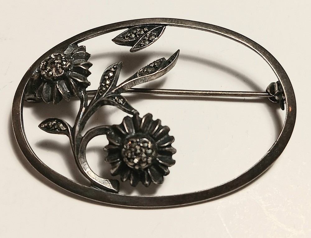 Antique Victorian 835 Silver Hallmark BR With Hematite Stones Brooch