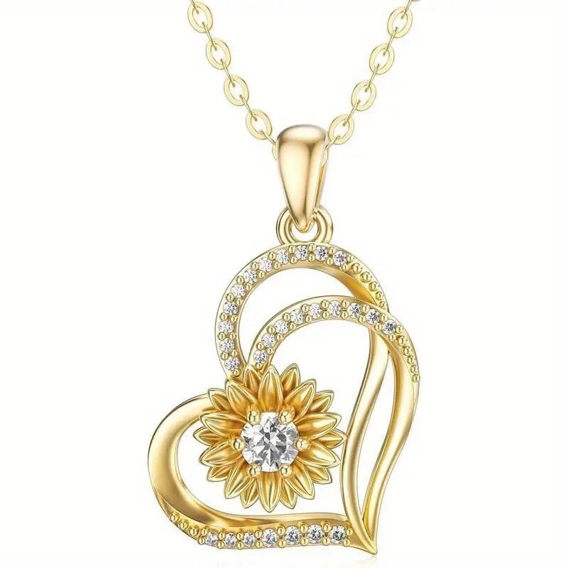 Golden Fashion Cute Sunflower Heart Shaped Pendant Necklace Women Girls Gift