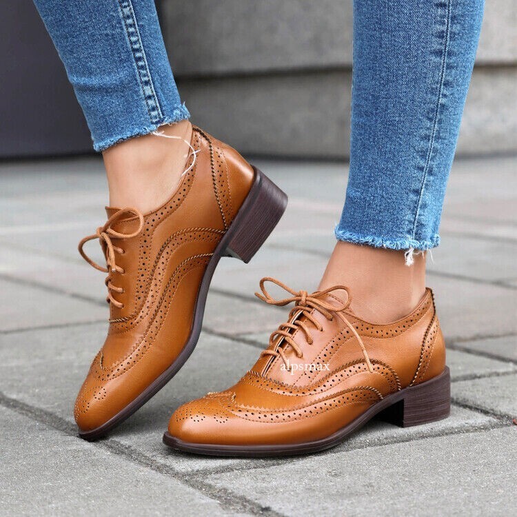 Women Lace Up Flat Retro Brogue Shoes Oxfords Casual Leather Wingtips College
