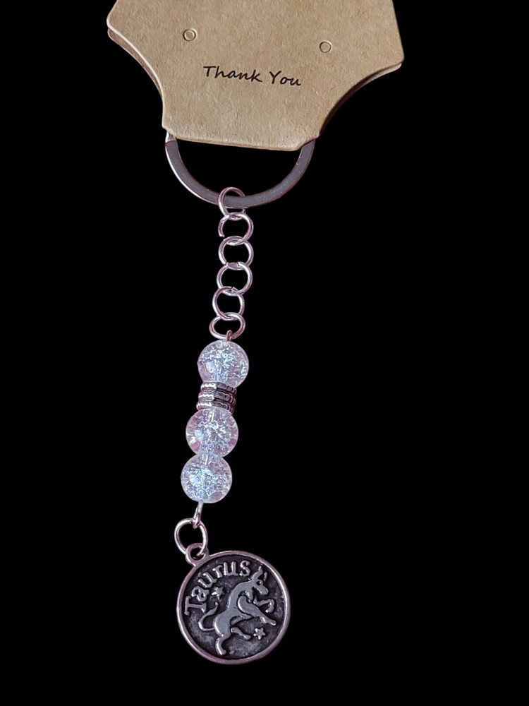 Handmade Taurus Zodiac Keychain with Cracked Clear Glass Beads