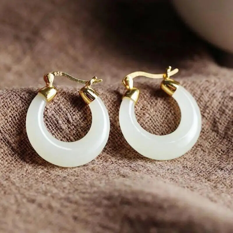 Natural White Jade Crescent Hoop Earrings in Genuine Hetian Nephrite