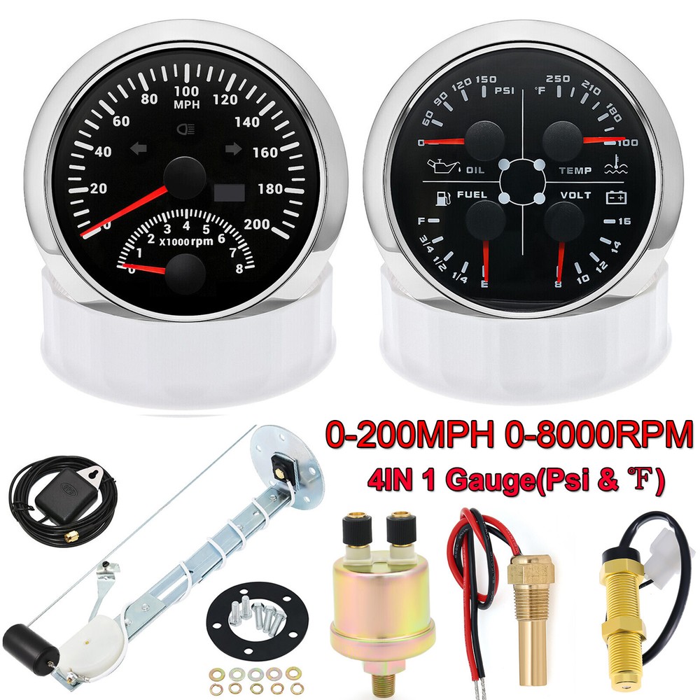 2 Gauge Set 85mm GPS Speedometer 0-200MPH & 4IN 1 Fuel/Water Temp/Oil Press/Volt