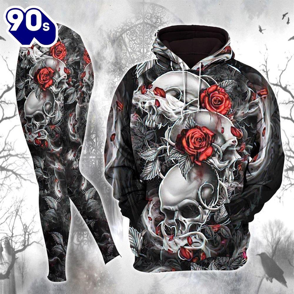 Cool Gothic Skull Rose Ornament Artwork Combo Hoodie And Leggings - Musicdope90s