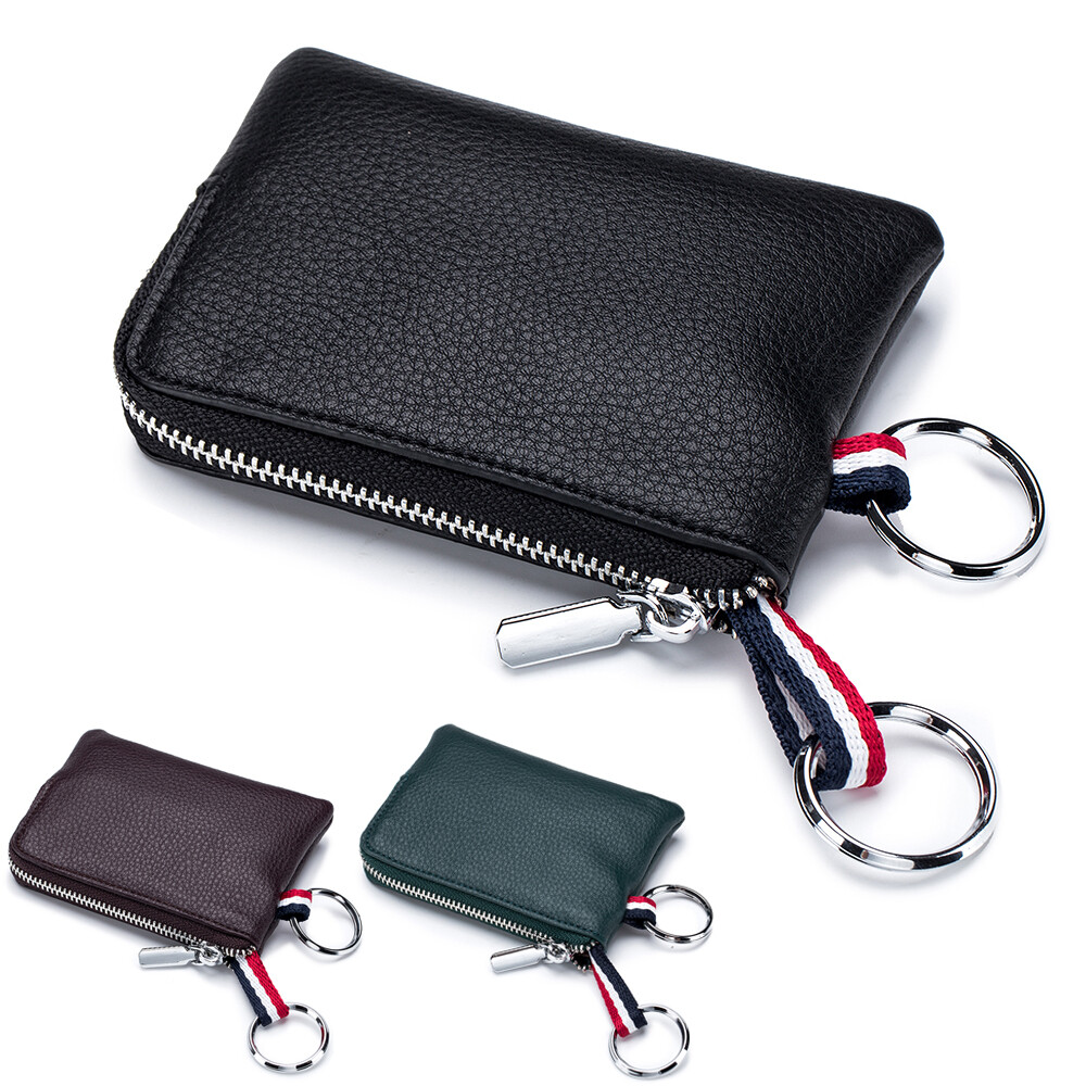 Men & Women Leather Coin Wallet with Keyring - Mini Card Holder & Change Pouch