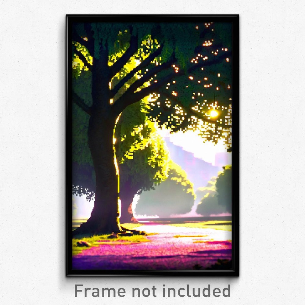 8 Bit Psychedelic Pixel Art Poster - Shady Clearing Trippy Video Game Print