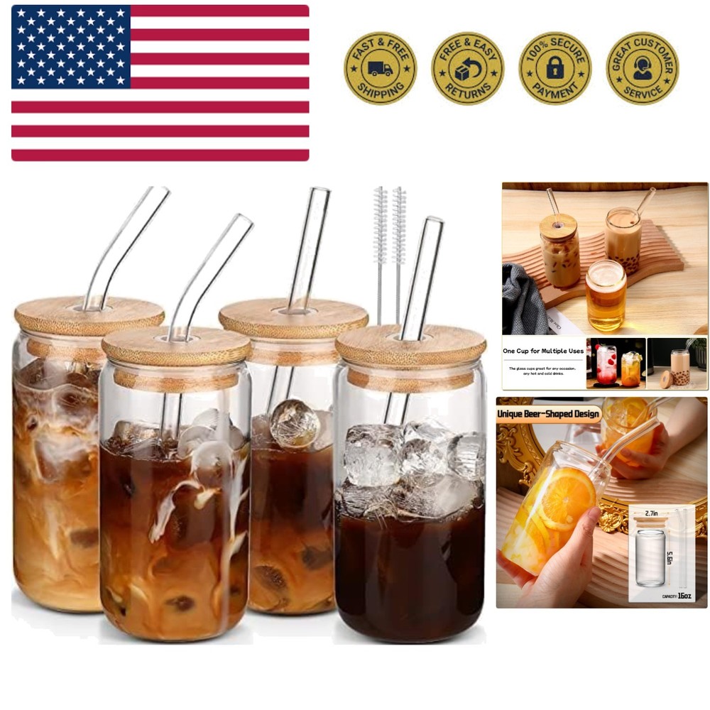 Glass Cups with Lids and Straws 4 pcs,16oz Drinking Glasses Set for Coffee Ba...