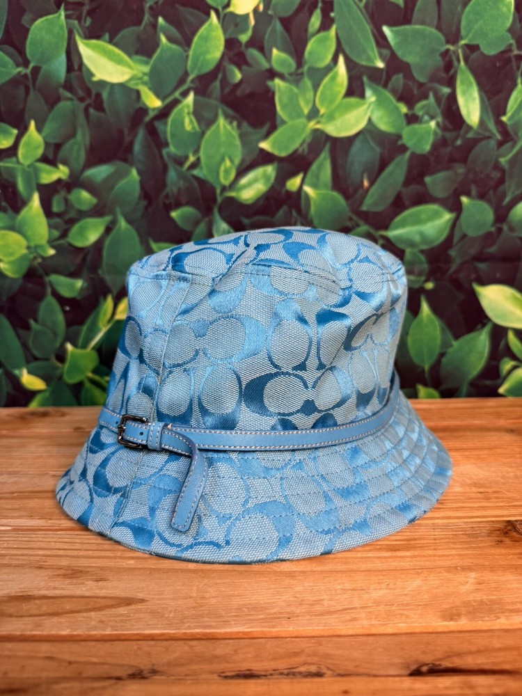 Y2K Coach BRIGHT BLUE Signature Monogram Bucket Hat Leather Trim