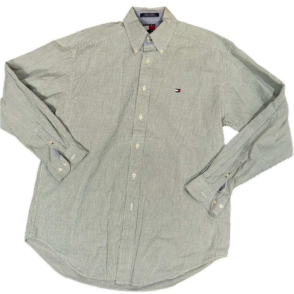 Tommy Hilfiger Mens Green White Striped Seersucker Long Sleeve Shirt Medium
