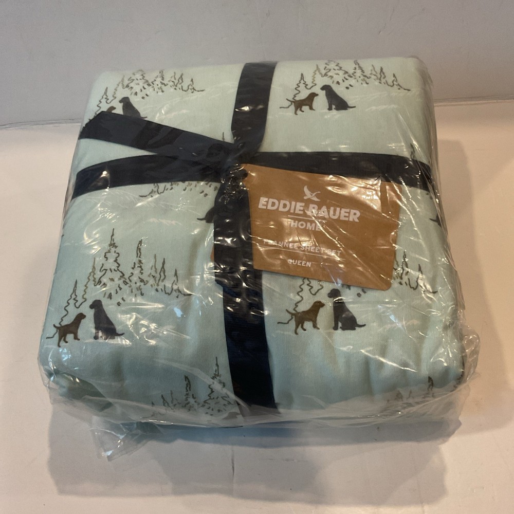 Queen Patterned Flannel Sheet Set Blue Dogs - Eddie Bauer