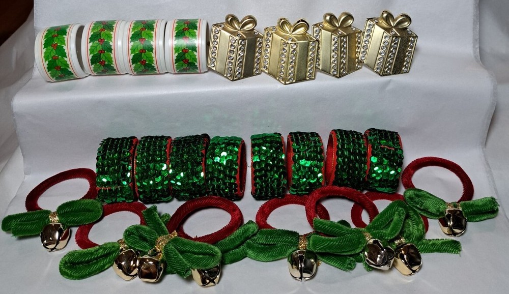 Christmas Napkin Ring Holders Lot Of 24pc Gifts Sequins Bells Holly Leafs
