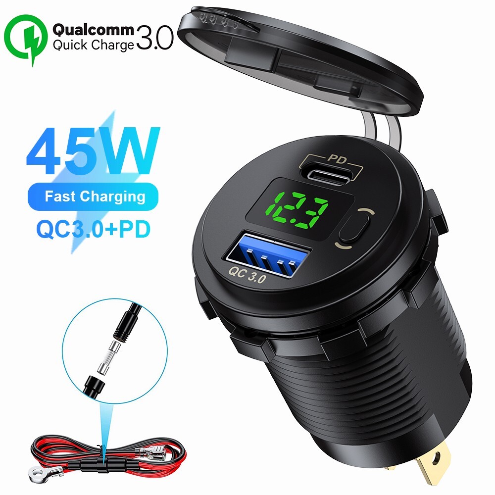 12V USB PD Fast Charger Socket with Voltmeter for Boats and Cars