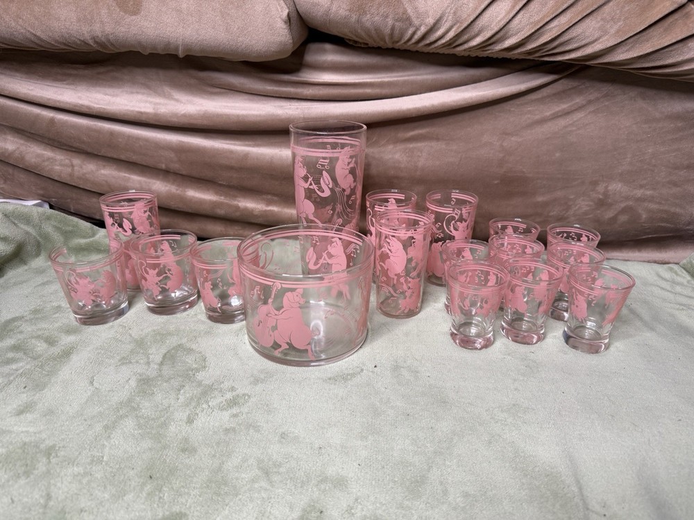 Vintage 50s Hazel Atlas Musical Pigs Glassware Bar Set of  17 Dancing Pink Pigs