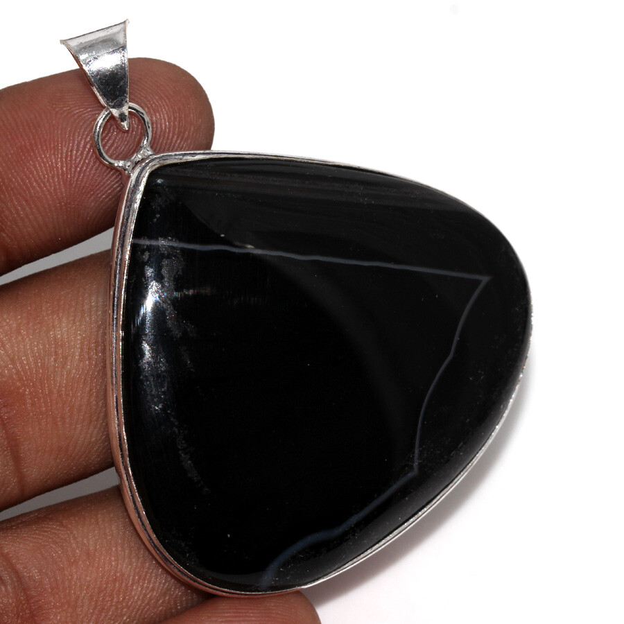 Banded Black Onyx 925 Silver Plated Pendant 2.1