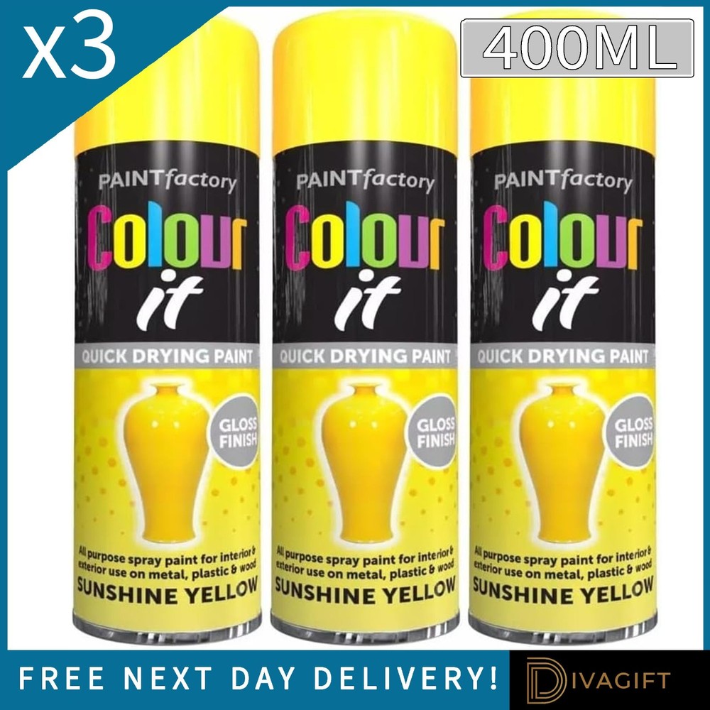 3 x SUNSHINE YELLOW GLOSS FINISH SPRAY PAINT 400ML FOR METAL PLASTIC WOOD NEW