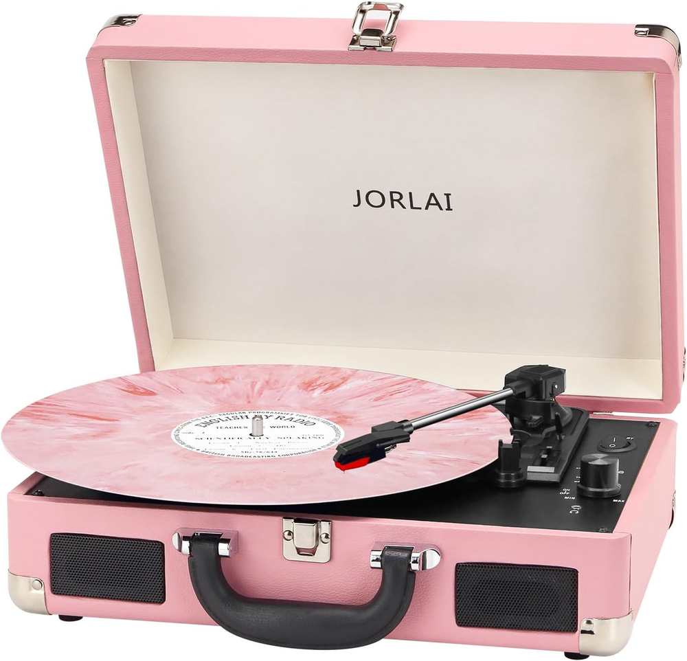 Vinyl Record Player 3 Speed Turntable with Bluetooth, Built in Battery, Pink