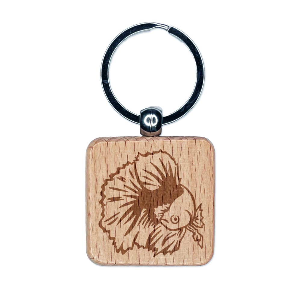 Fancy Betta Fish Engraved Wood Square Keychain Tag Charm