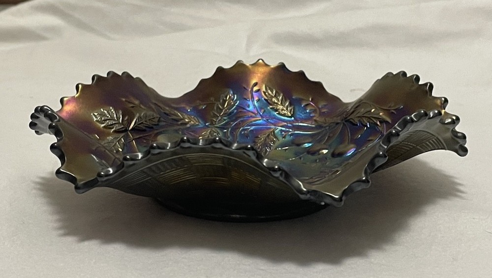 Vintage Northwood Carnival Glass Amethyst Ruffled Bowl Fruits Flowers Design  