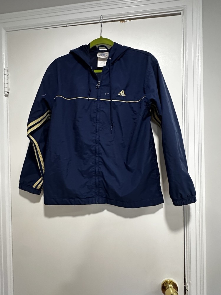 90s Adidas Blue Yellow Striped Mesh-Lined Hooded Jacket for Men