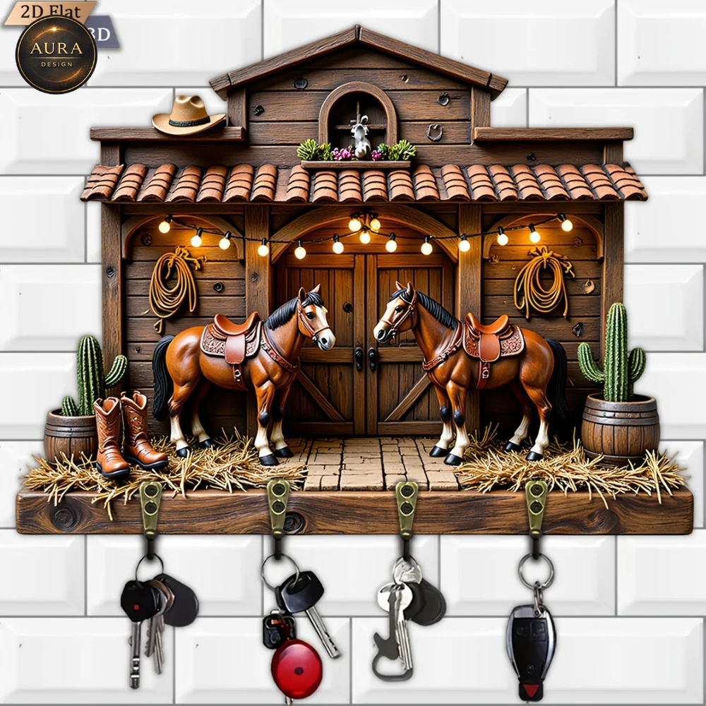30cm Wall Keychain - Barn Horses Organizer 2D 4 Hooks Entrance
