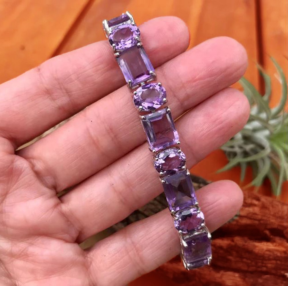 15ct Rectangle Cut Amethyst Tennis  Woman  Bracelet in 925 Sterling silver.