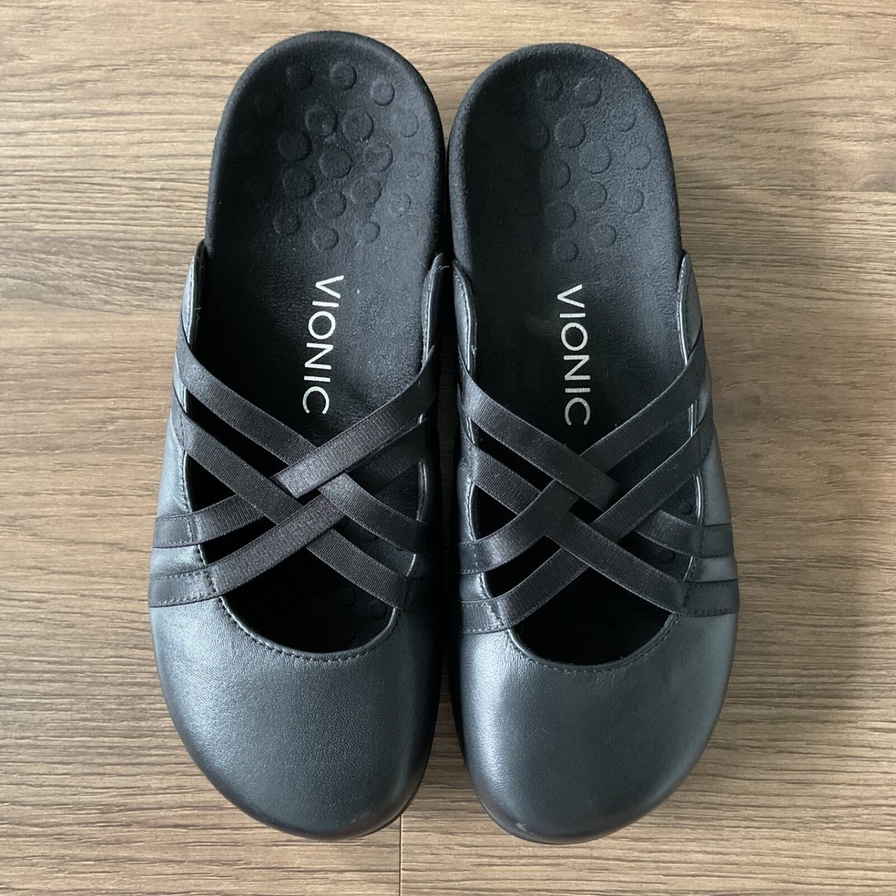 Vionic Claire Womens 7 Leather Criss Cross Strap Slip On Black Mules Clogs Shoes