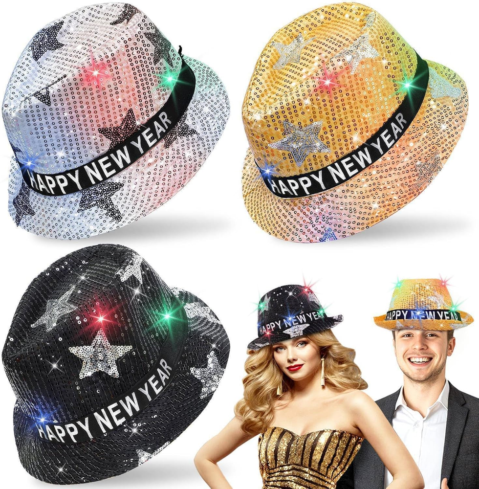 3 Pack Happy New Years Hats Sequin LED Light up Top Hats New Years Eve Party Sup