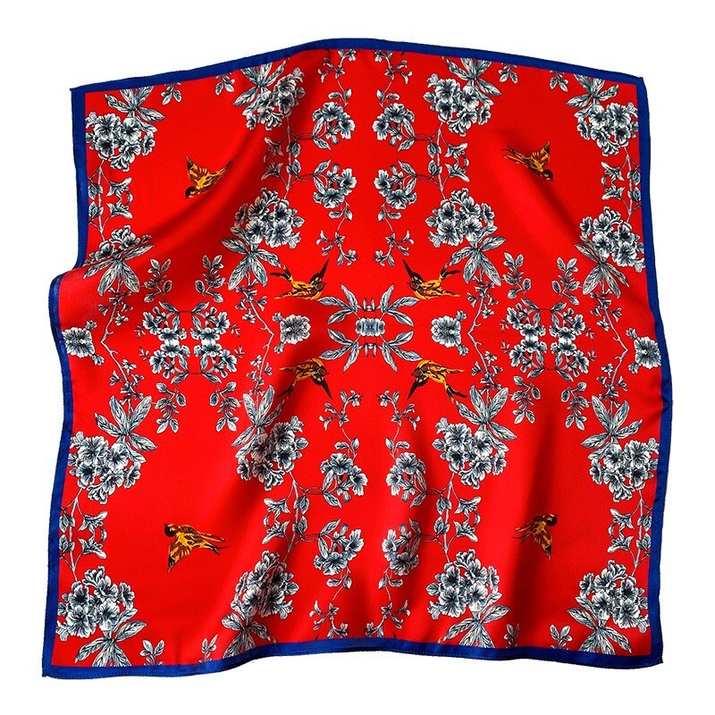Vintage Red Floral Silk Scarf for Women 53x53 Head Neck Hair Wrap