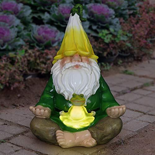 Solar-Powered Meditating Gnome in Lotus Pose with Frog Garden Statue
