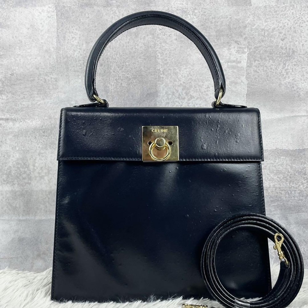 Celine Navy Leather 2Way Shoulder Bag with Gancini Turnlock 8x9 Unused