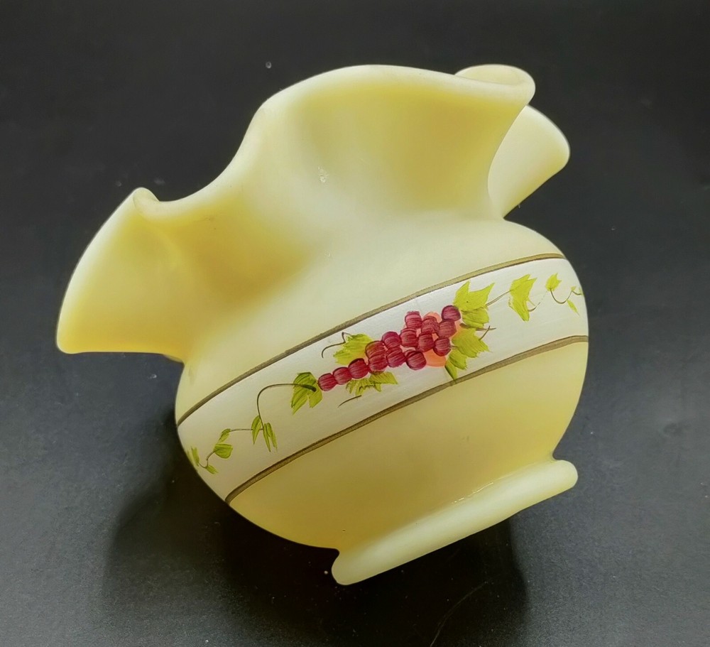 Fenton Art Glass Custard Satin Ruffled Rim Grapes Vase Signed Beverly C