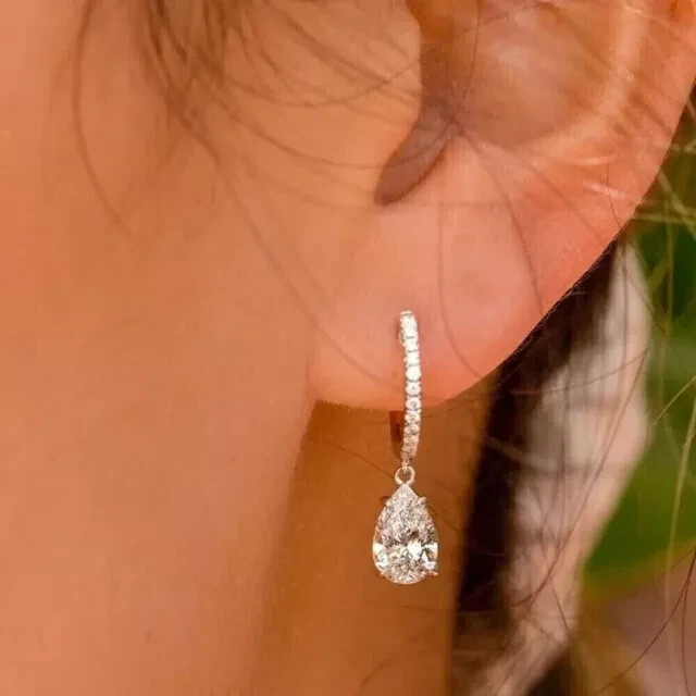 2.20Ct Pear Cut Lab-Created Diamond Dangle Drop Earrings 14K White Gold Plated