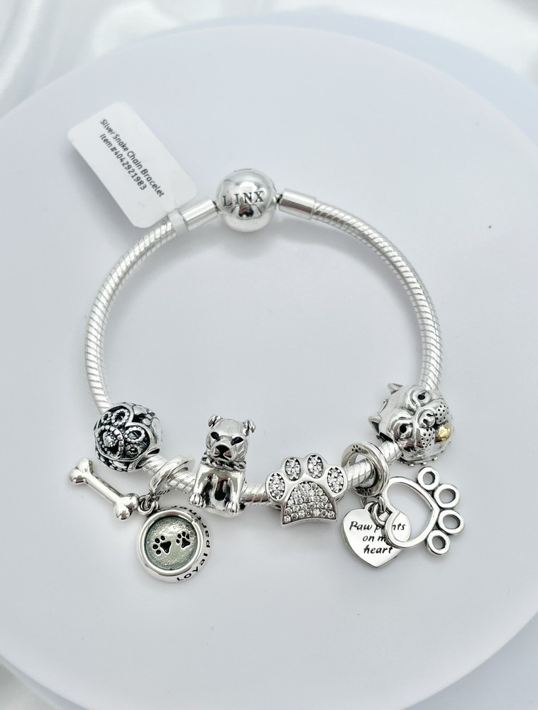 Linx Silver Snake Chain Bracelet with Pitbull Themed Charms 925 Sterling Silver