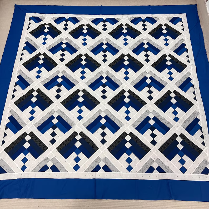 Log Cabin Blue Teardrops Handmade Patchwork quilt top/topper 86*86