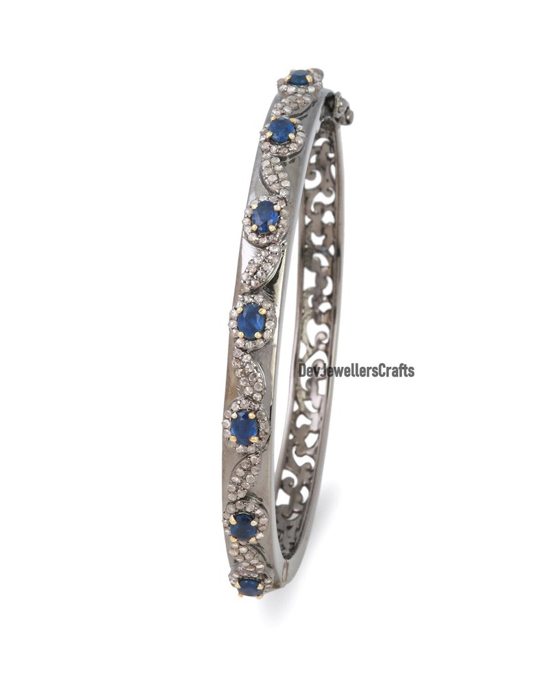 925 Sterling Silver Natural Blue Sapphire & Pave Diamond Antique Style Bangle.