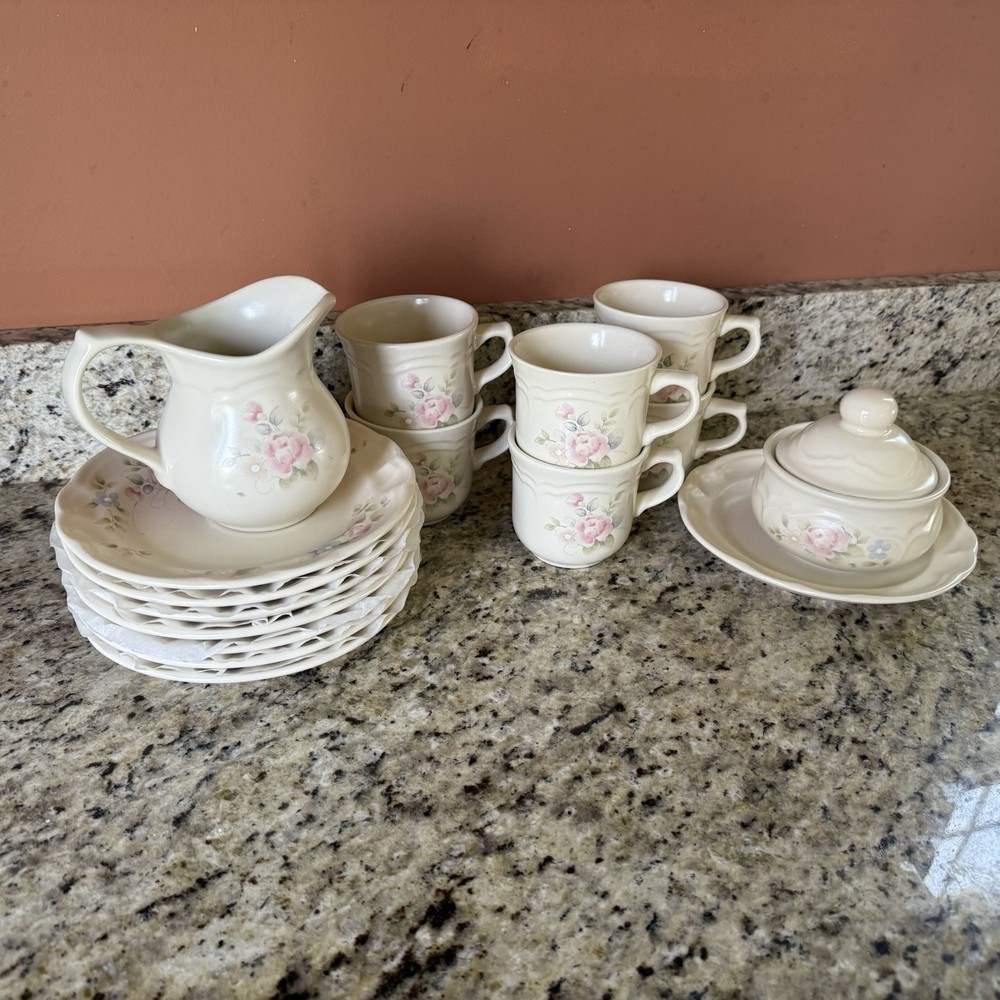 Vintage Pfaltzgraff Tea Rose 8-Piece Set with Cups, Saucers, Sugar & Creamer