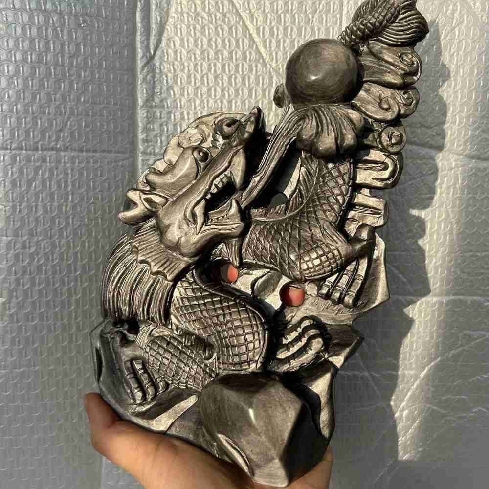 3.41LB Natural silver obsidian Quartz Skull Carved Crystal dragon Skull healing