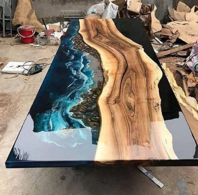 Handmade Ocean Resin River Walnut Epoxy Dining Table Top for Living Room Decor