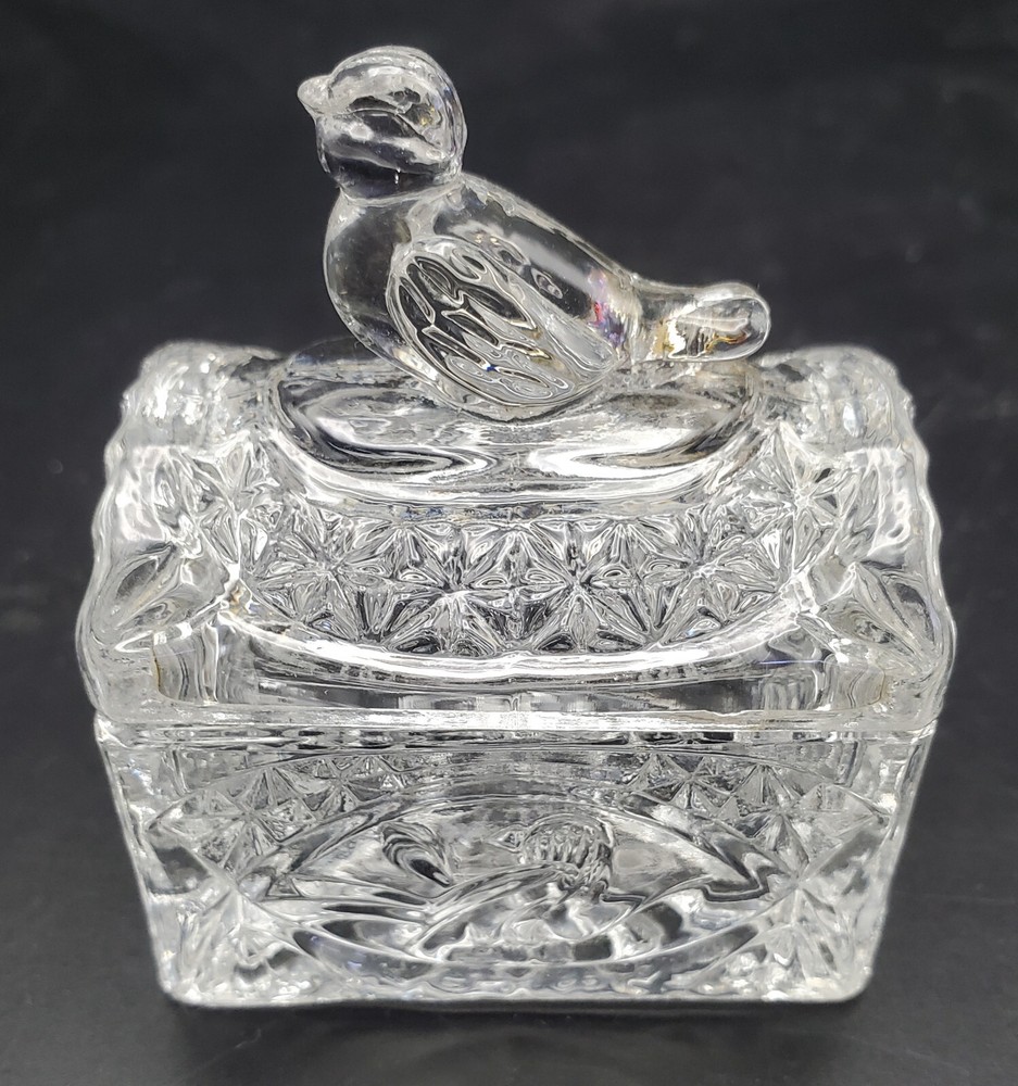 Vintage Cut Glass Jewelry Box with Bird Ring Holder
