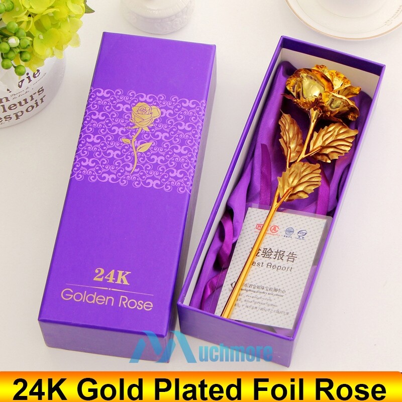 24K Gold Foil Plated Long Stem Rose Flower Luxury Bouquet Xmas Gift Home Decor
