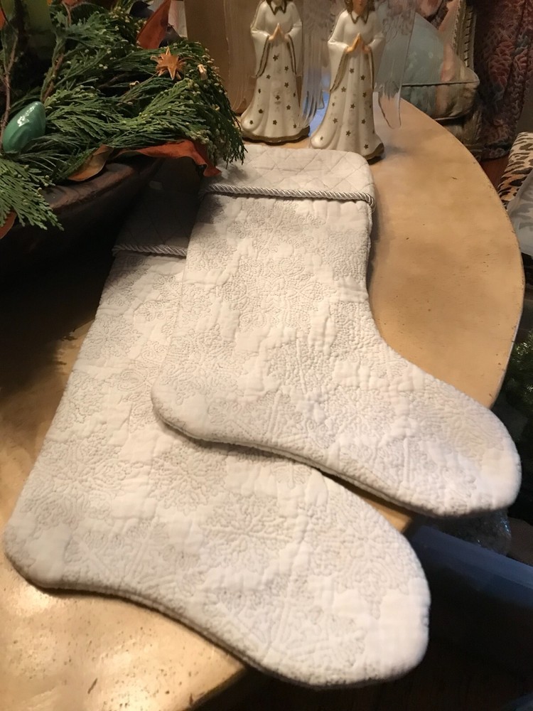 Pair Beautiful White Quilted Cotton Christmas Stockings ***CLEARANCE SALE!!!-image