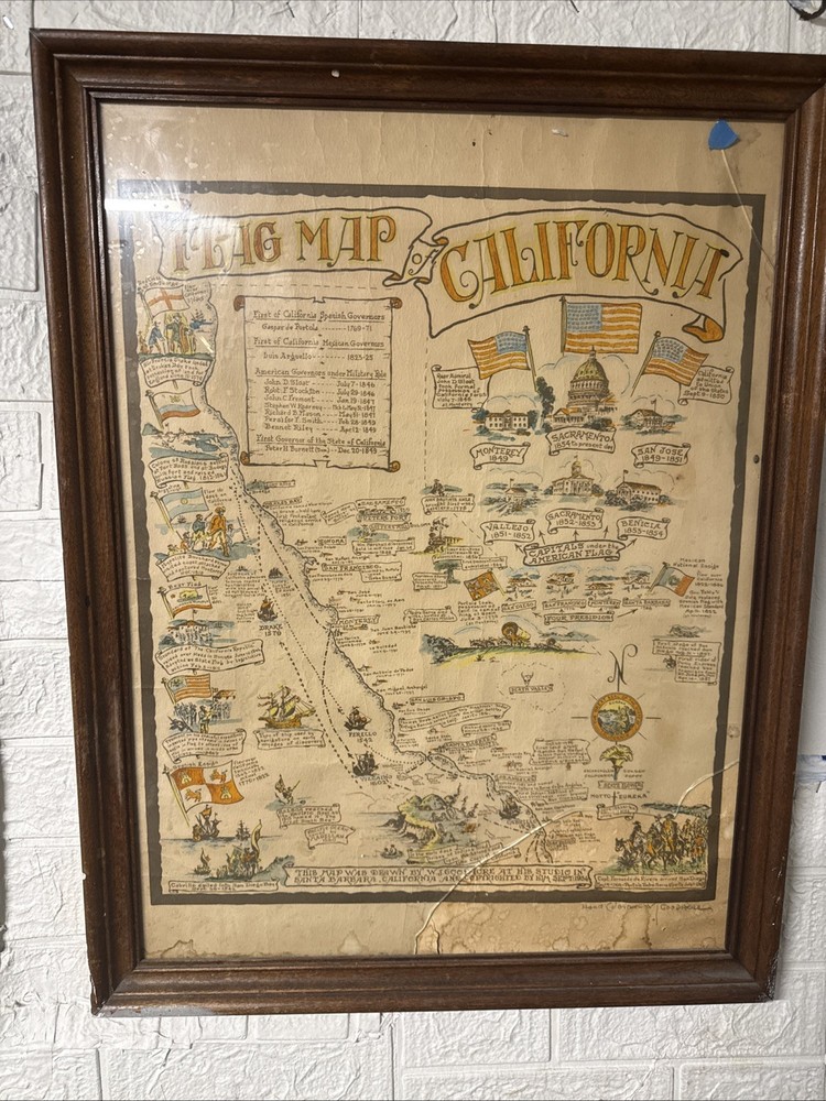 VINTAGE CARTOON MAP FLAG MAP OF CALIFORNIA BY GOODACRE HAND COLORED SIGNED 1936