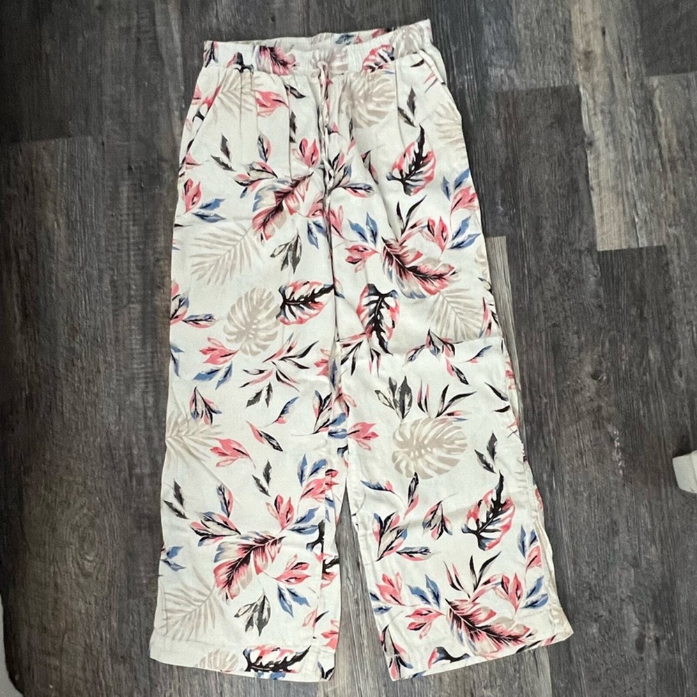 Briggs Pants Size Large Linen Blend Tropical Elastic Waist Pull On Relaxed